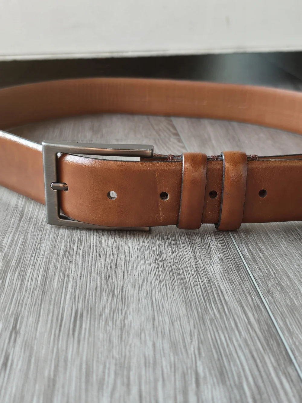 Boconi Cognac Tan Leather Belt Gunmetal Buckle Double Keeper Mens 34 Dress